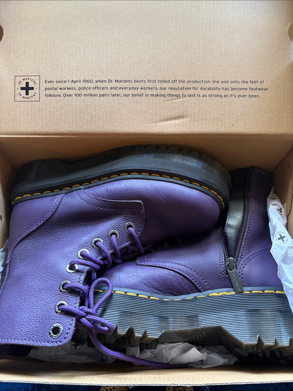 Dr. Martens Purple Combat Boots with Yellow Stitching - Picture 3 of 3